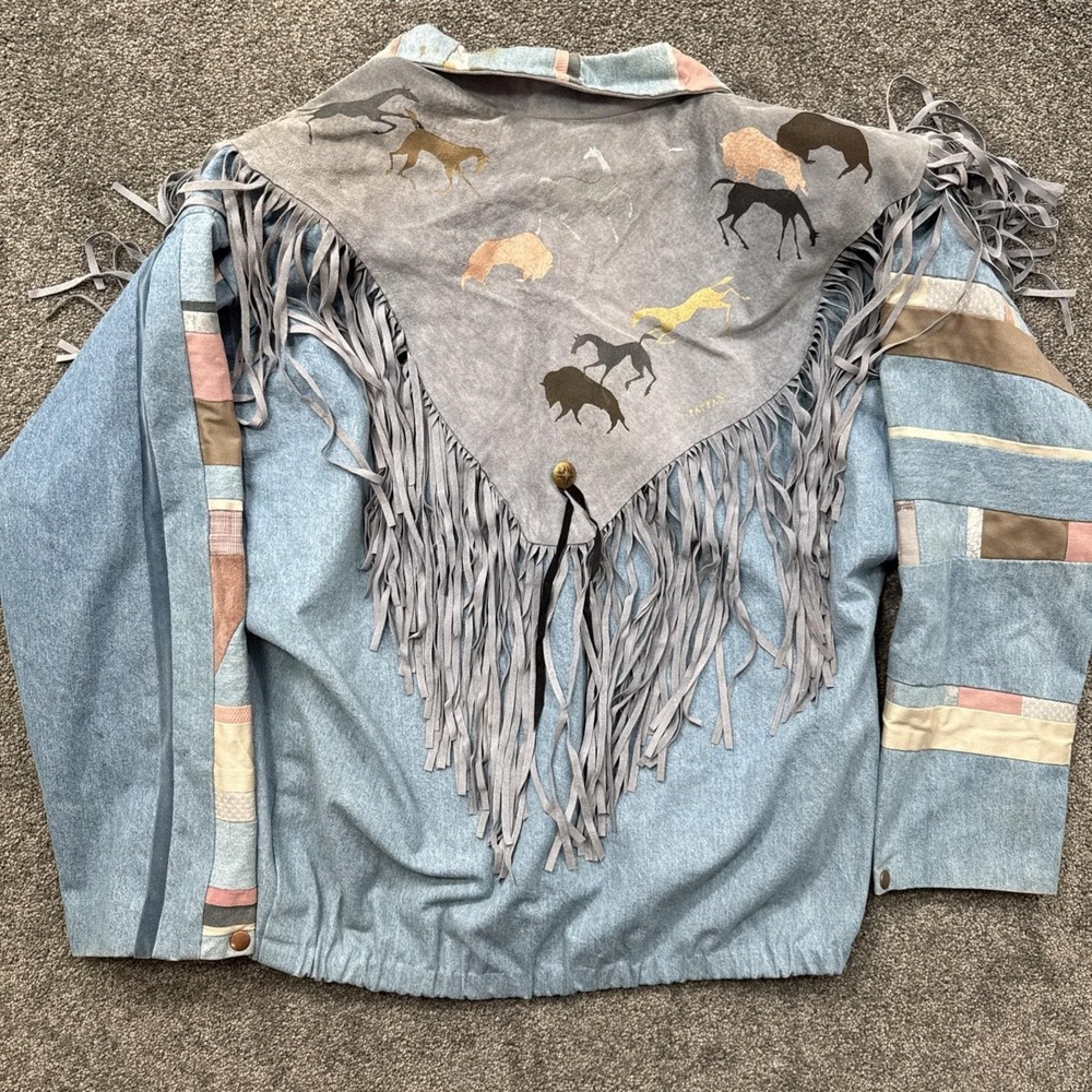 VTG Womens L Santa Fe Re-Creations Fringe Jean Leather Jacket Western Pappas